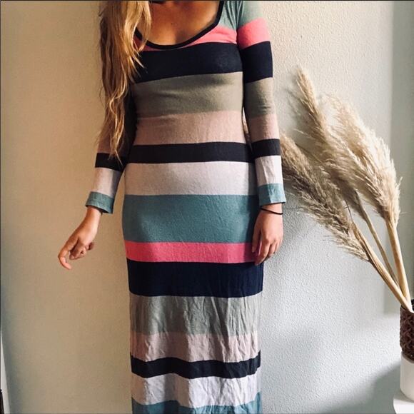 ANTHROPOLOGIE SPLENDID Blue Pink Tan Grey Striped Long sleeve Maxi Dress XS - Picture 1 of 8